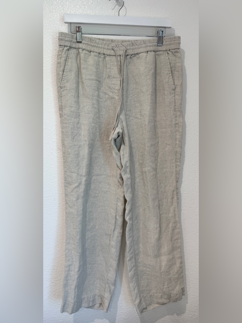 Talbots 100% Linen Wide Leg Drawstring Pants Oatmeal Beige Pocket Petite MP
